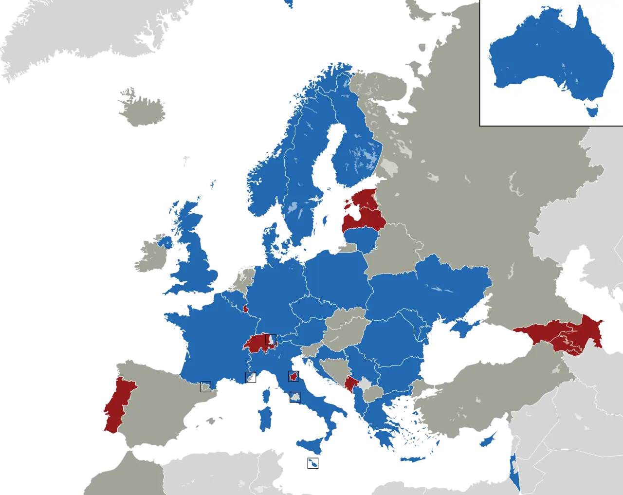 Wikimedia map of countries participating in the Eurovision Song Contest 2026—geographic context for the Vienna final field, not official contest branding, stage photography, or vote graphics from the broadcast.