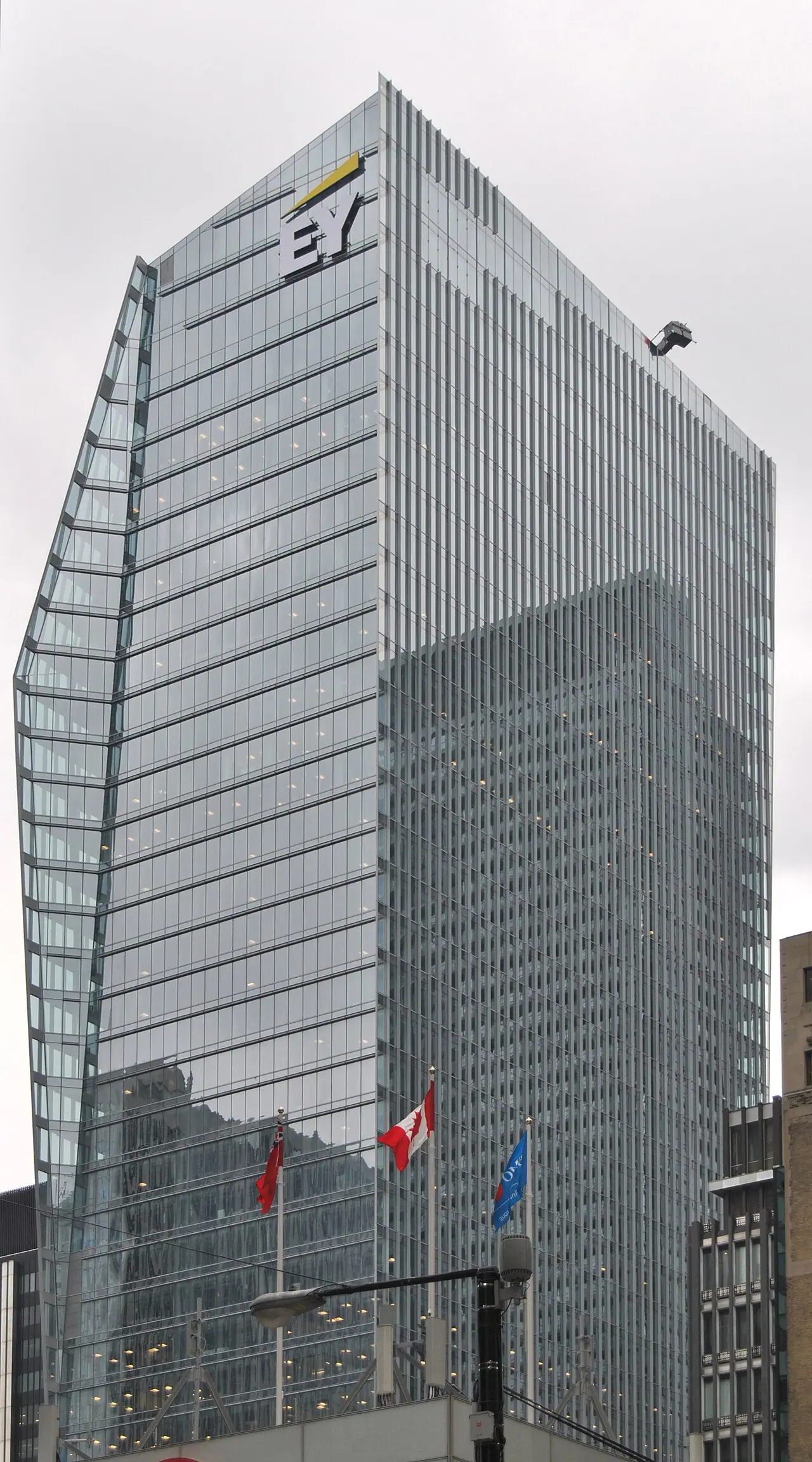 EY Tower in Toronto’s financial district—Wikimedia Commons 2017 photograph of Ernst & Young’s Canadian headquarters building; it is geographic context only, not the withdrawn PDF, GPTZero interface, or any cited statistic in the story.