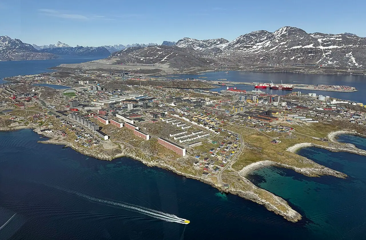Aerial view of downtown Nuuk, Greenland, June 2025 (Wikimedia Commons photograph by Quintin Soloviev, CC BY 4.0)—capital geography for semi-autonomous government coverage; not a White House graphic, Pentagon map of proposed bases, or any May 2026 diplomatic handout photo.