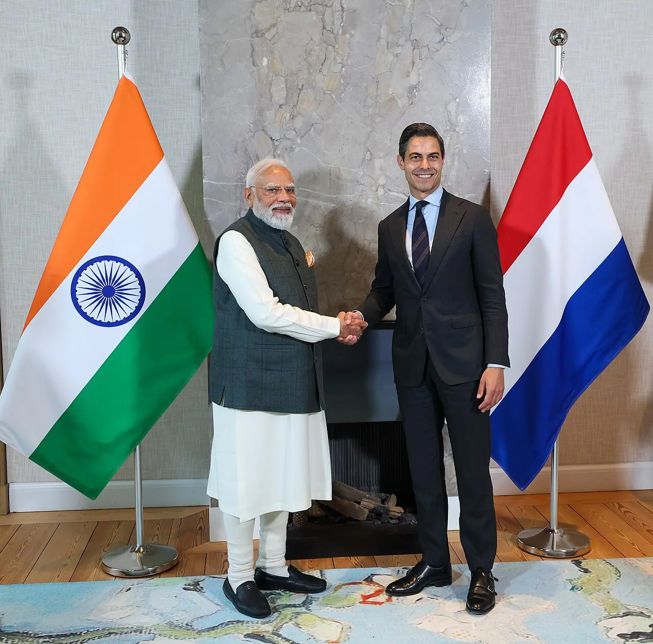 Narendra Modi with a European head of government in a formal bilateral setting (Indian government photograph on file from a May 2026 Netherlands visit). It does not depict the Aftenposten cartoon, Oslo newsroom, or Norway-specific visuals for this story.
