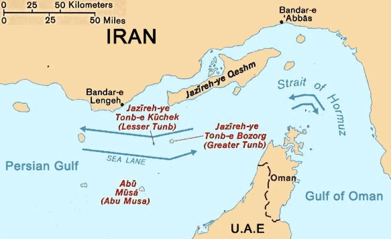 Satellite view of the Strait of Hormuz (Wikimedia Commons NASA image)—geographic context for tanker and containership routes discussed; not a Lloyd’s policy certificate, Bitcoin wallet screenshot, or Iranian ministry press backdrop.