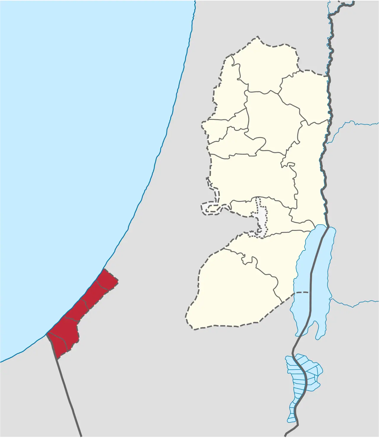 Locator map of the Gaza Strip within Palestine—Wikimedia Commons geographic context for where Israeli strikes and Hamas statements referenced in the story are situated, not a photograph of any specific strike, funeral, or named individual.