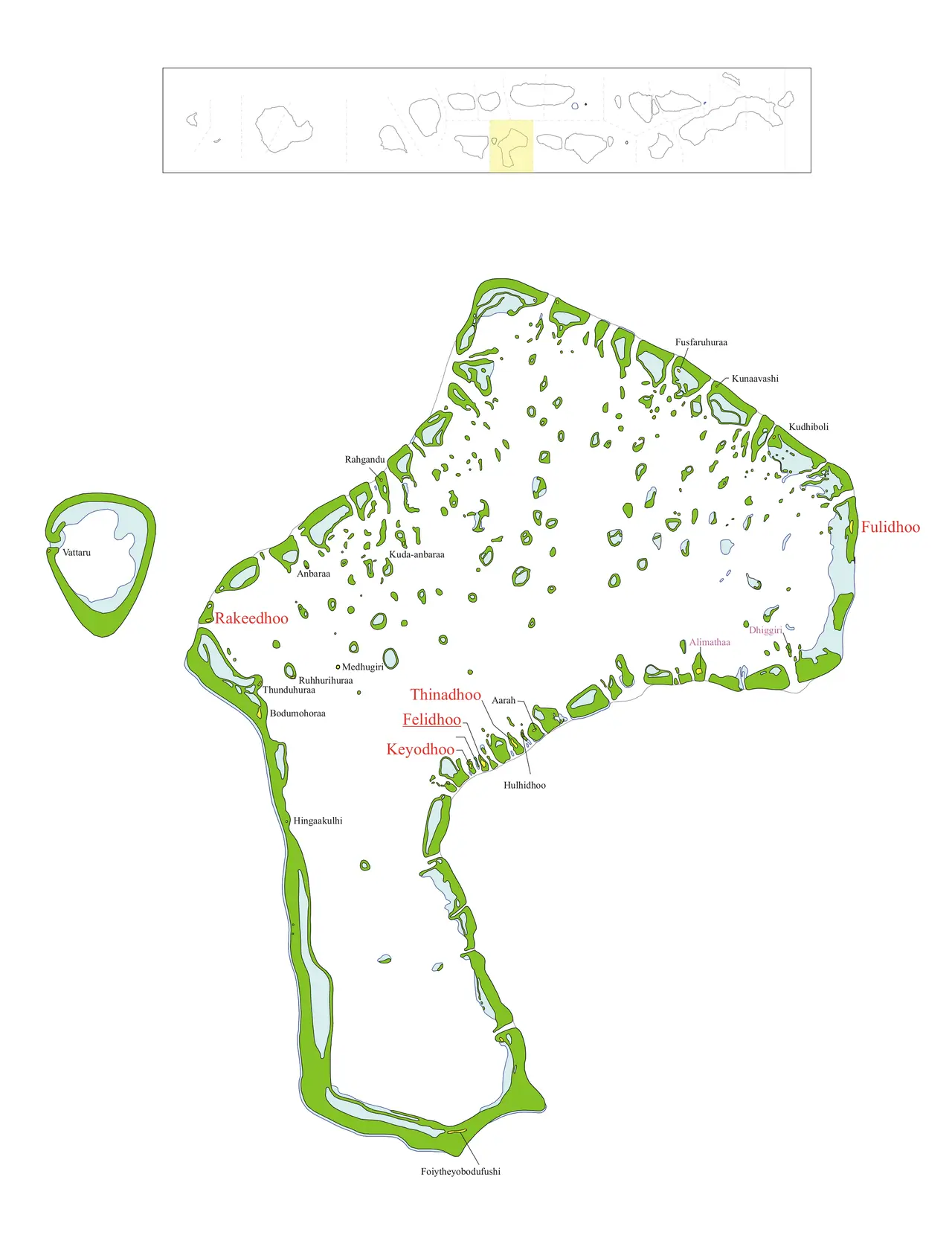 Map-style aerial chart of Vaavu Atoll in the Maldives—shows the atoll geography where authorities placed the cave recovery operation, not underwater visibility, cave interior layout, or live search positions.
