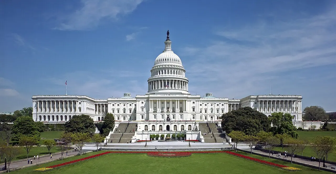 The west front of the United States Capitol building in Washington, D.C. — a public domain photograph used as a topical illustration for congressional election coverage.