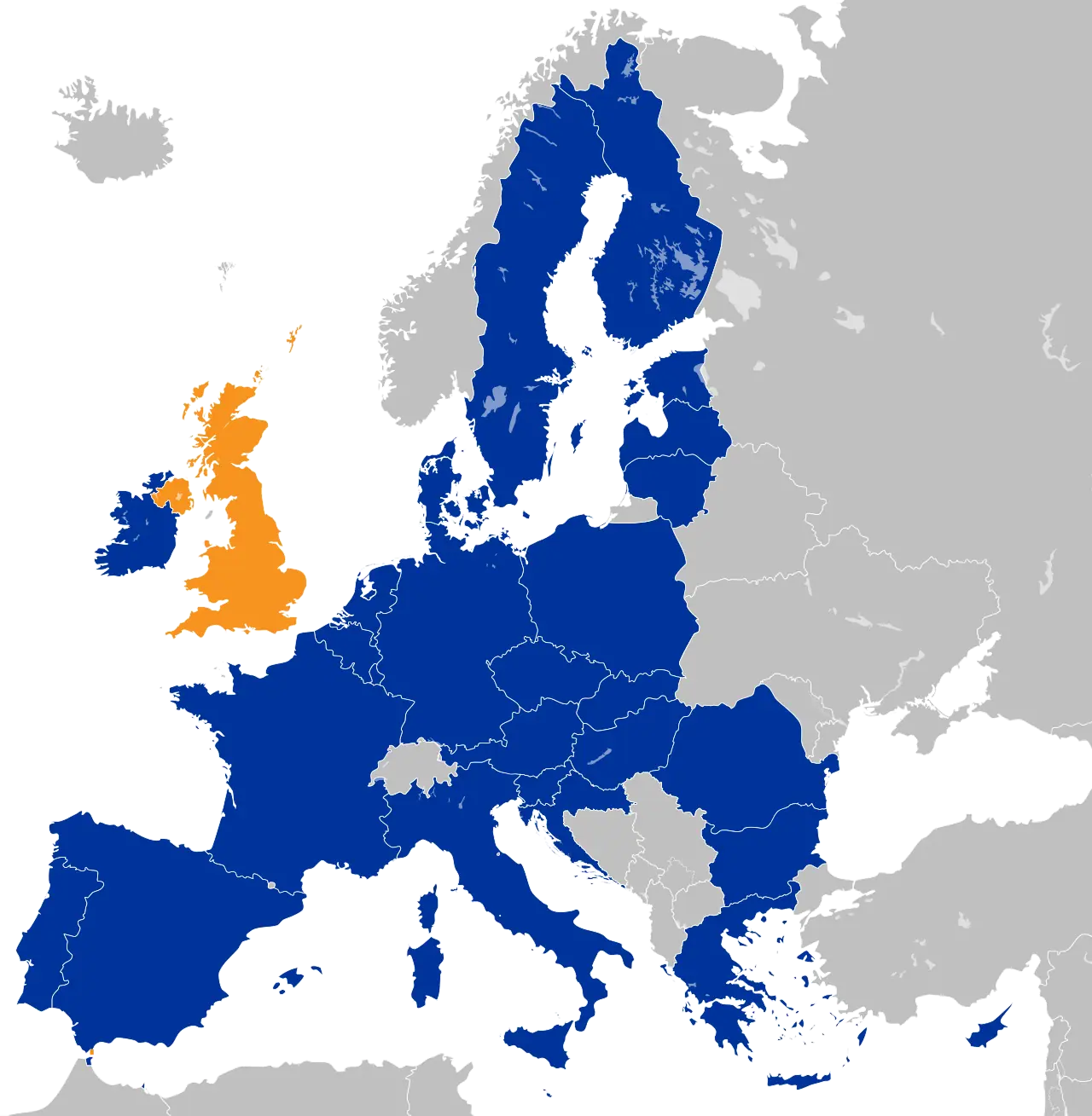 Location map of the United Kingdom and the European Union (Wikimedia Commons)—geographic context for institutional ties discussed in the article, not a live trade dashboard or polling graphic.