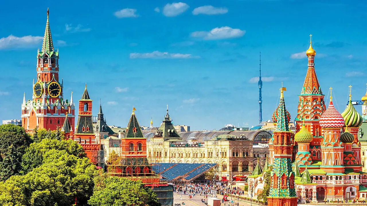 Saint Basil’s Cathedral and Red Square, Moscow—Wikimedia Commons stock view of the capital’s historic centre; it is not a photograph of drone impacts, air-defence traces, or any specific incident site named in the story.